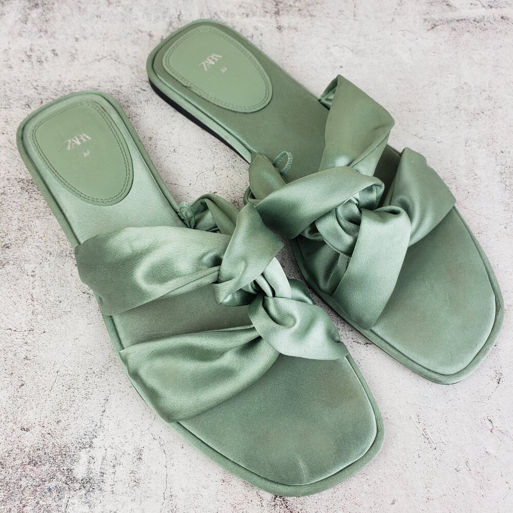 ZARA Knotted Flat Sandals Satin Flip Flops Green Bow Slippers size 39 US 8.5 - Picture 7 of 12
